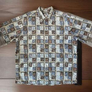 Reyn Spooner Hawaiian Shirt XL Blue Floral Sun Art Hawaii Surfing Vacation